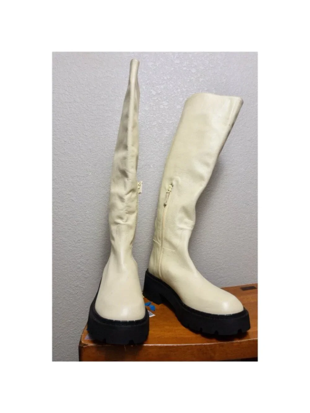 By FAR Russel Lamb Leather Knee High Boot 38 Ivory 8 Chunky Lug Platform NWT